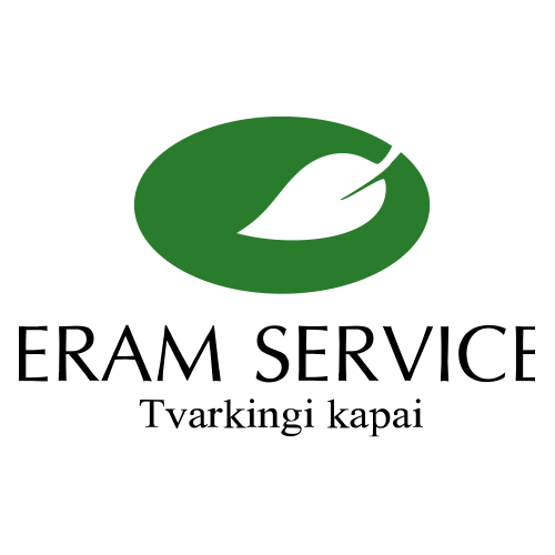 Eram Service logotipas su žaliu simboliu ir juodu tekstu